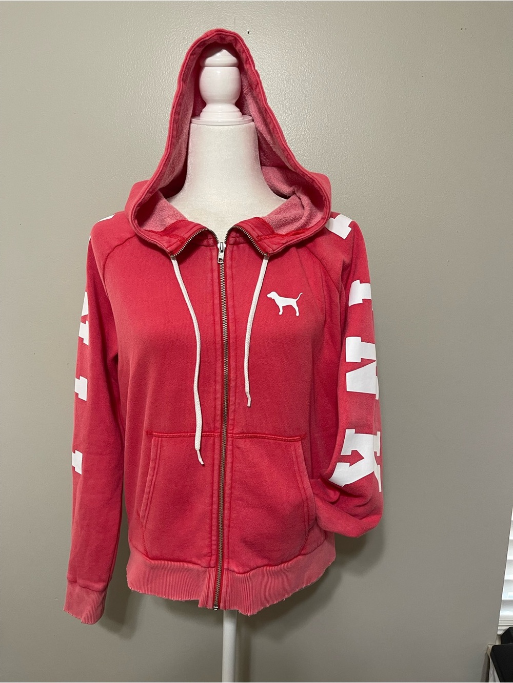 Victoria Secret Love Pink Zip Large Hoodie Y2K Sleeve Spellout Dog Embroidery